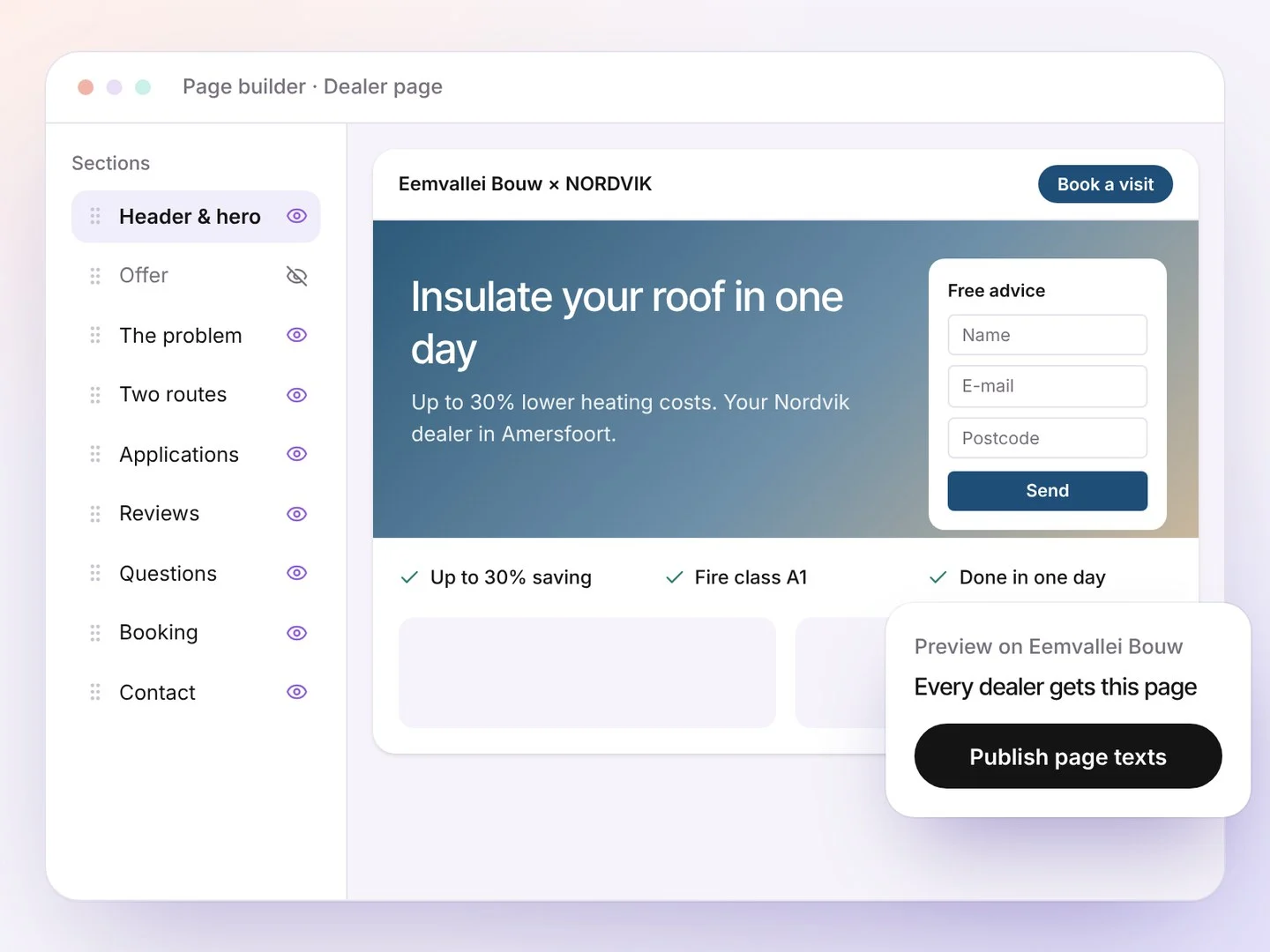 Page builder with sections, page preview and texts