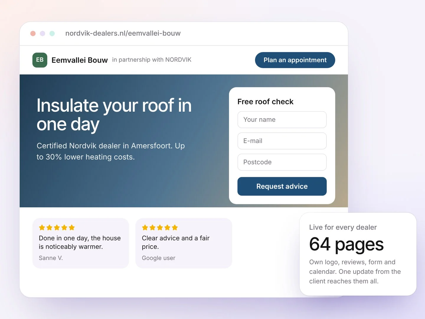 A live co-branded partner page with reviews, form and booking button