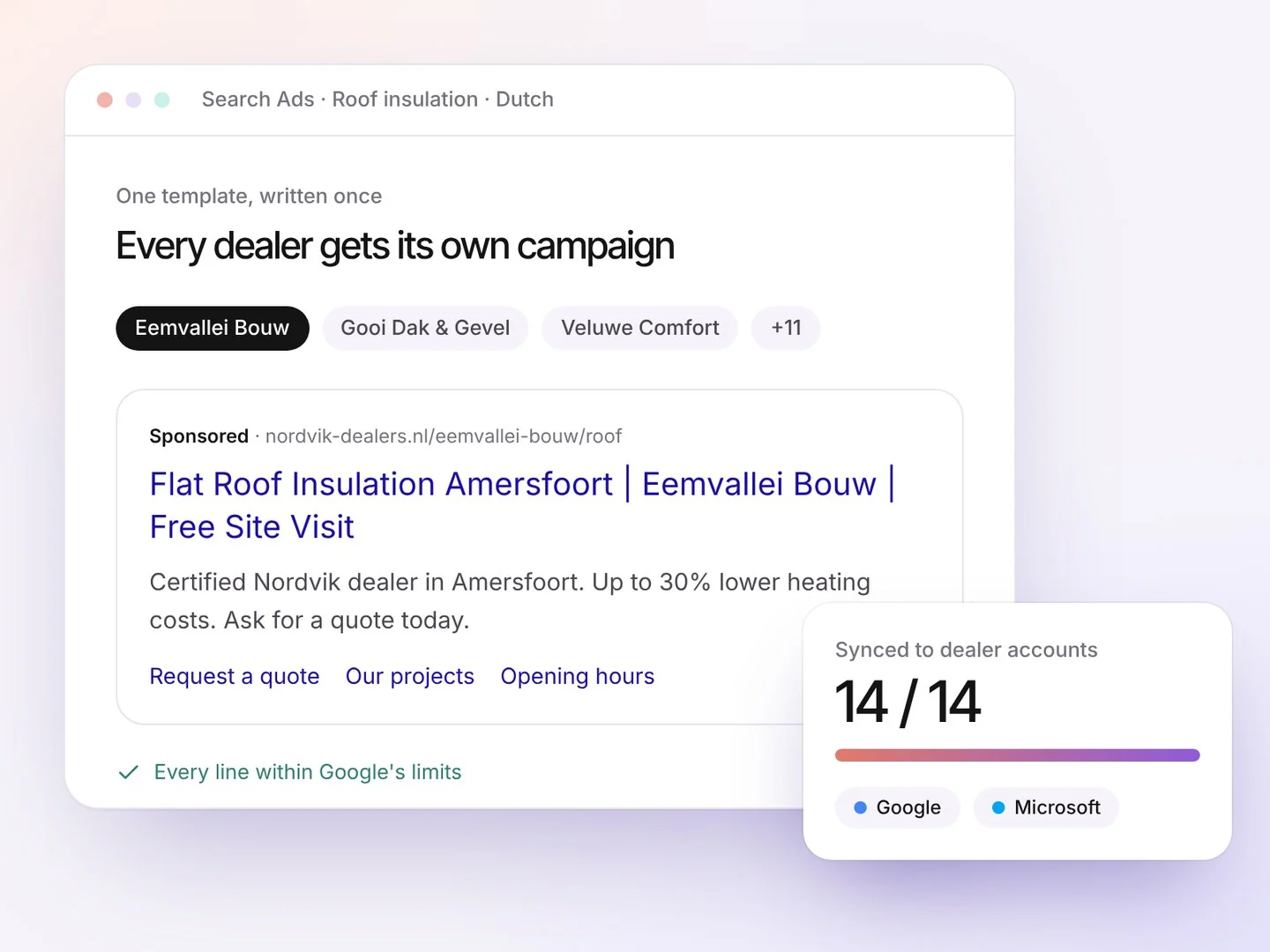 Search ads workspace with a template per product line