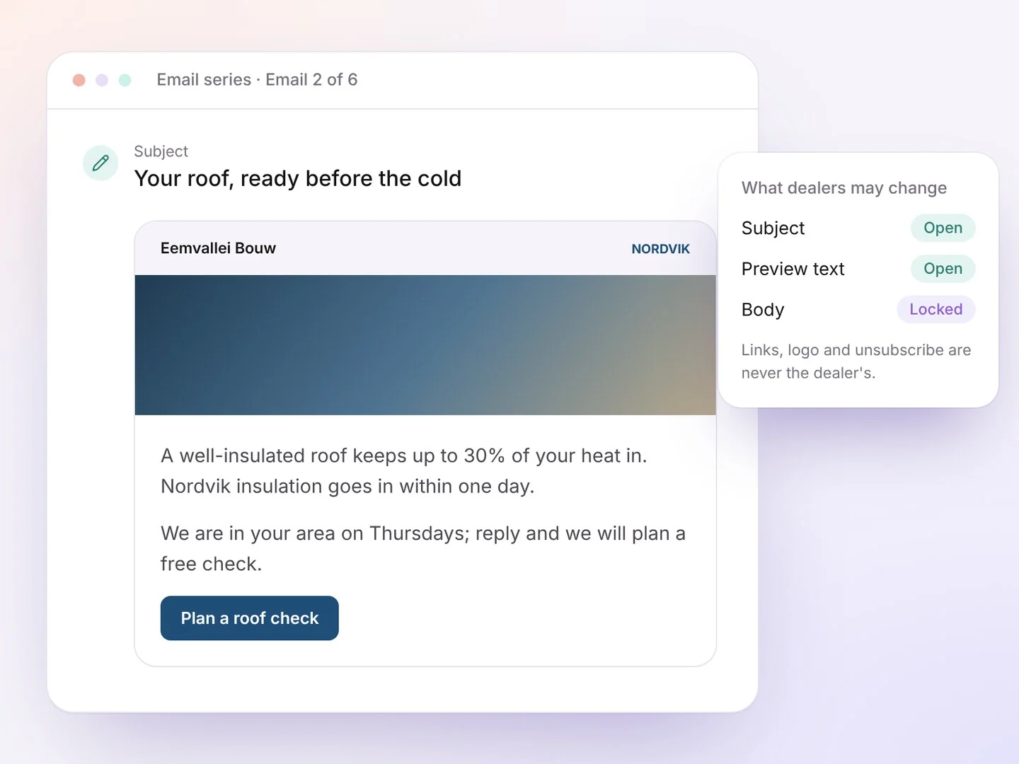 Email editor showing what partners may and may not change