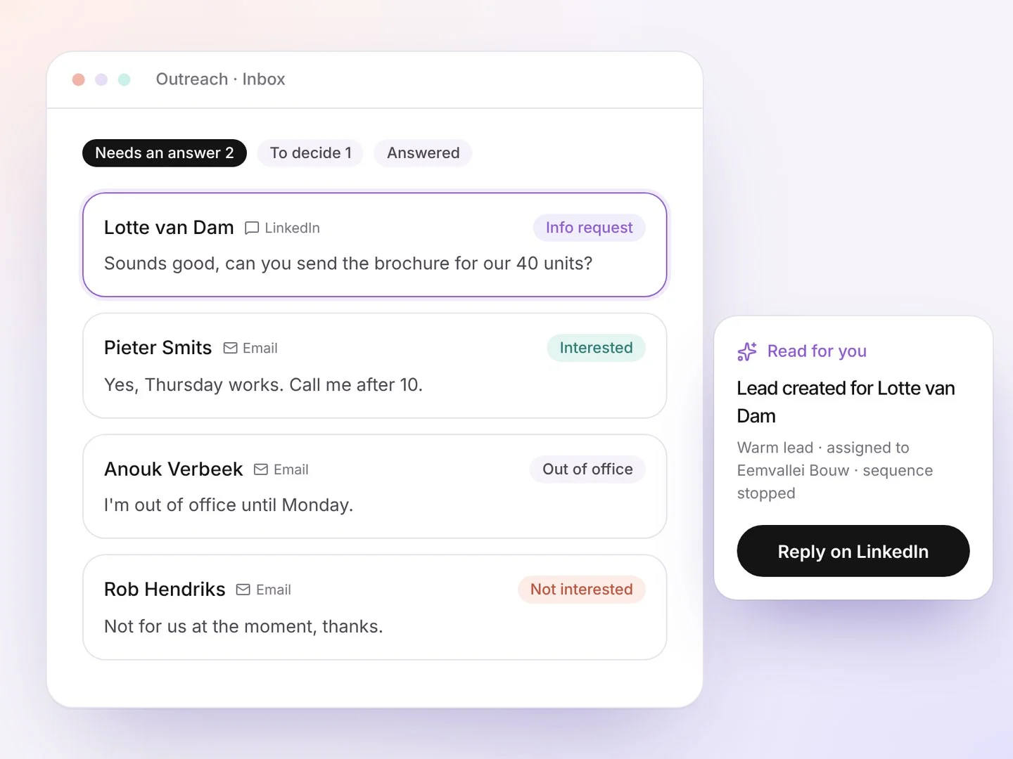 Inbox with replies and their status