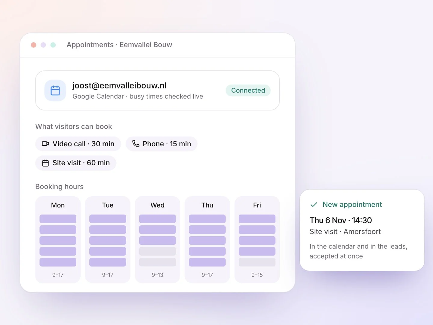 Booking settings with a connected calendar