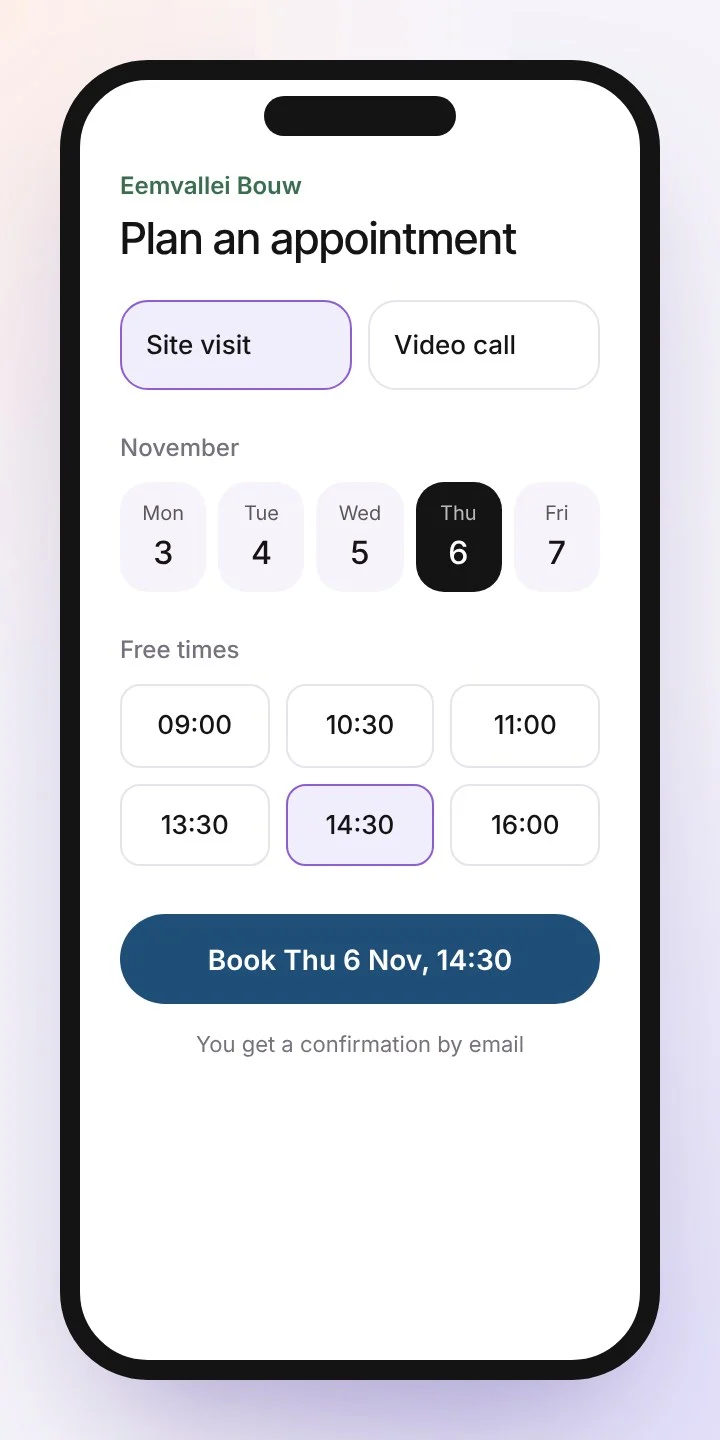 Booking page on a phone: type, day and times