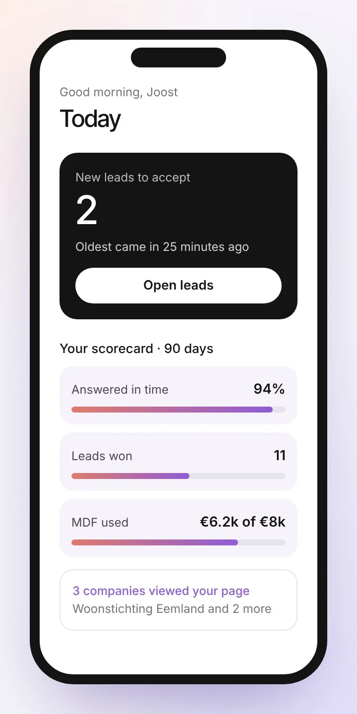 A partner’s start screen on a phone with its scorecard